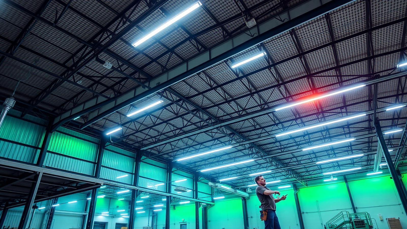 Warehouse interior lit by newly installed LED high-bay fixtures